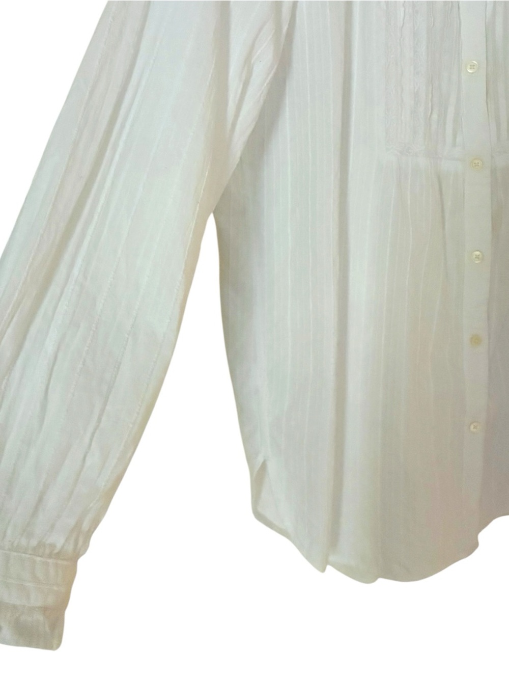 Ann Taylor LOFT LARGE White Pleated Front Ruffle Collar Textured Pinstripe Top - Picture 6 of 7